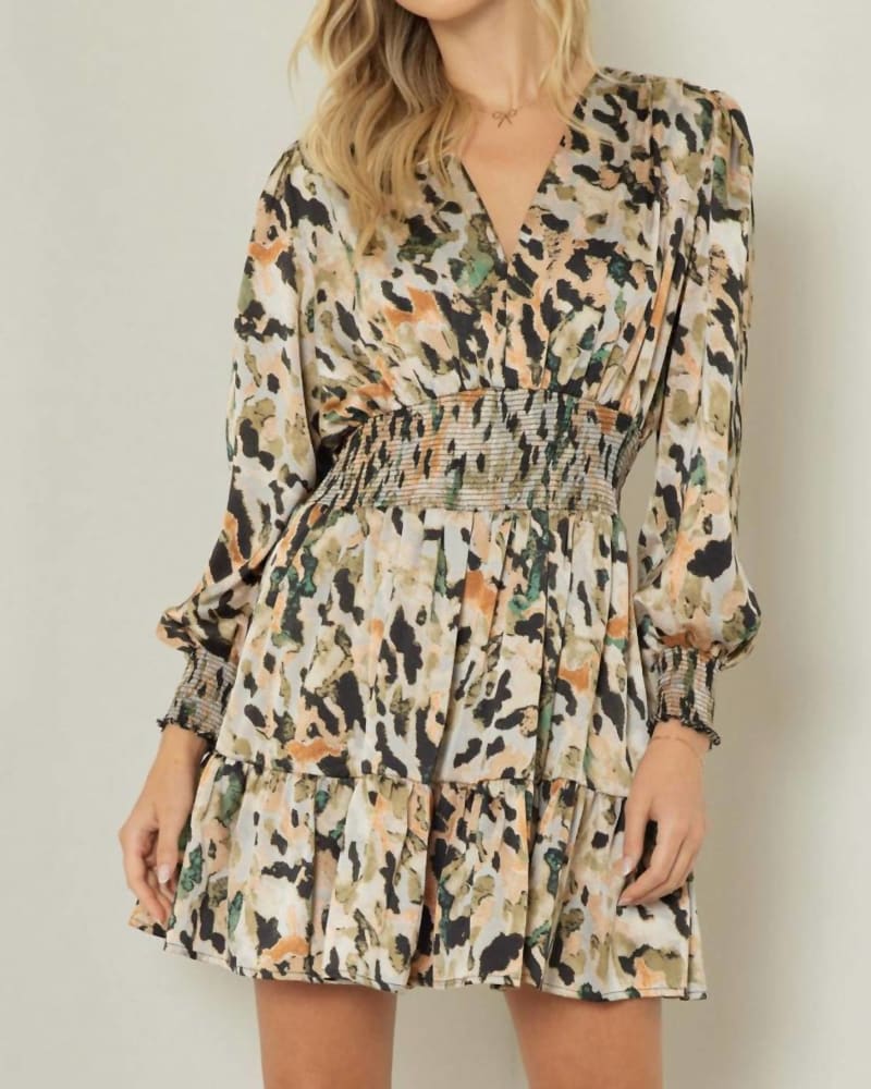 Front of a model wearing a size Large Satin Animal And Camouflage Print Short Dress in Mocha Rust in Mocha Rust by entro. | dia_product_style_image_id:326403
